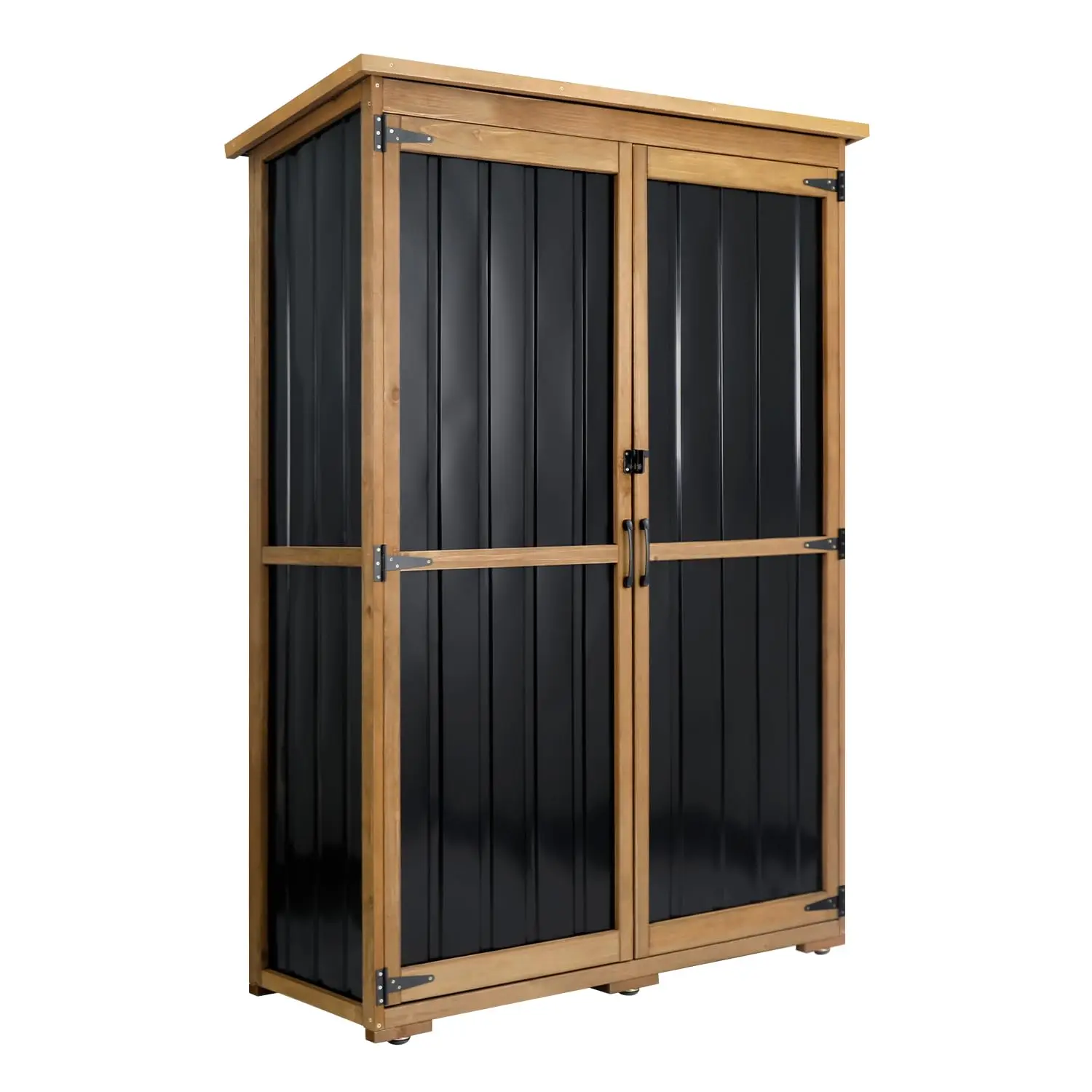 Outdoor Storage Cabinet Metal Wood Shed Weatherproof Roof Lockable Door Removable Shelf Patio Garden 46