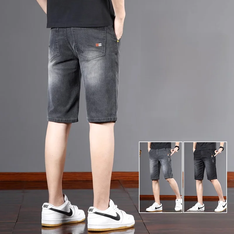 

Мужские летние тонкие джинсовые брюки Faion, эластичные прямые брюки с вышивкой, облегающие брюки в Корейском стиле с пятью точками