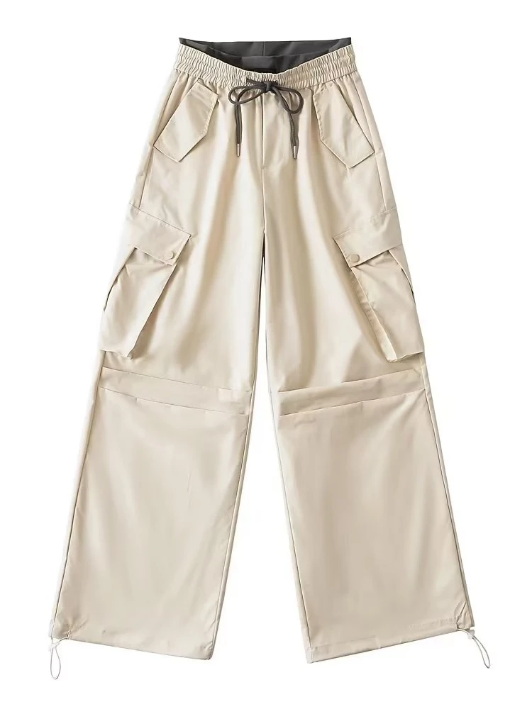 Street Style High Waist Wide Leg Pants Drawstring Cuffed Casual Long Trousers for Dancing Sexy Girls Loose Fit Slimming