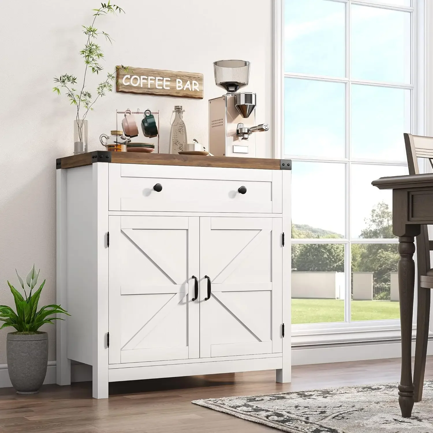 Coffee Bar Cabinet, Kitchen Storage Cabinet, Modern Farmhouse Buffet Sideboard with Drawer and Adjustable Shelf