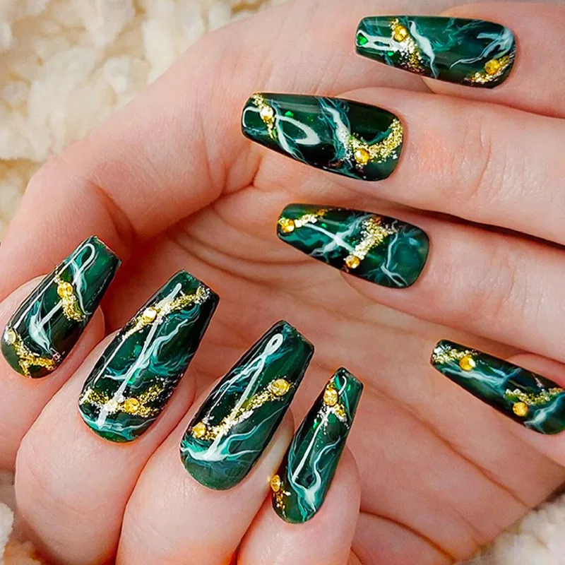 24pcs Long False Nails for Beautiful Gluing Gold Dark Green Press on Nails Nails Fake for Women Prosthetic Nail Set Holiday 2024