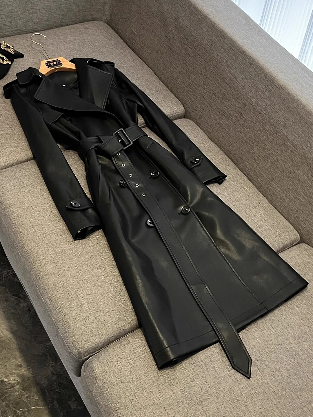 

Faionable Design Double-Breasted Belted Slim Fit Midi Leather Jaet Autumn Winter New Arrival X635 Cleanfit Sle Coat