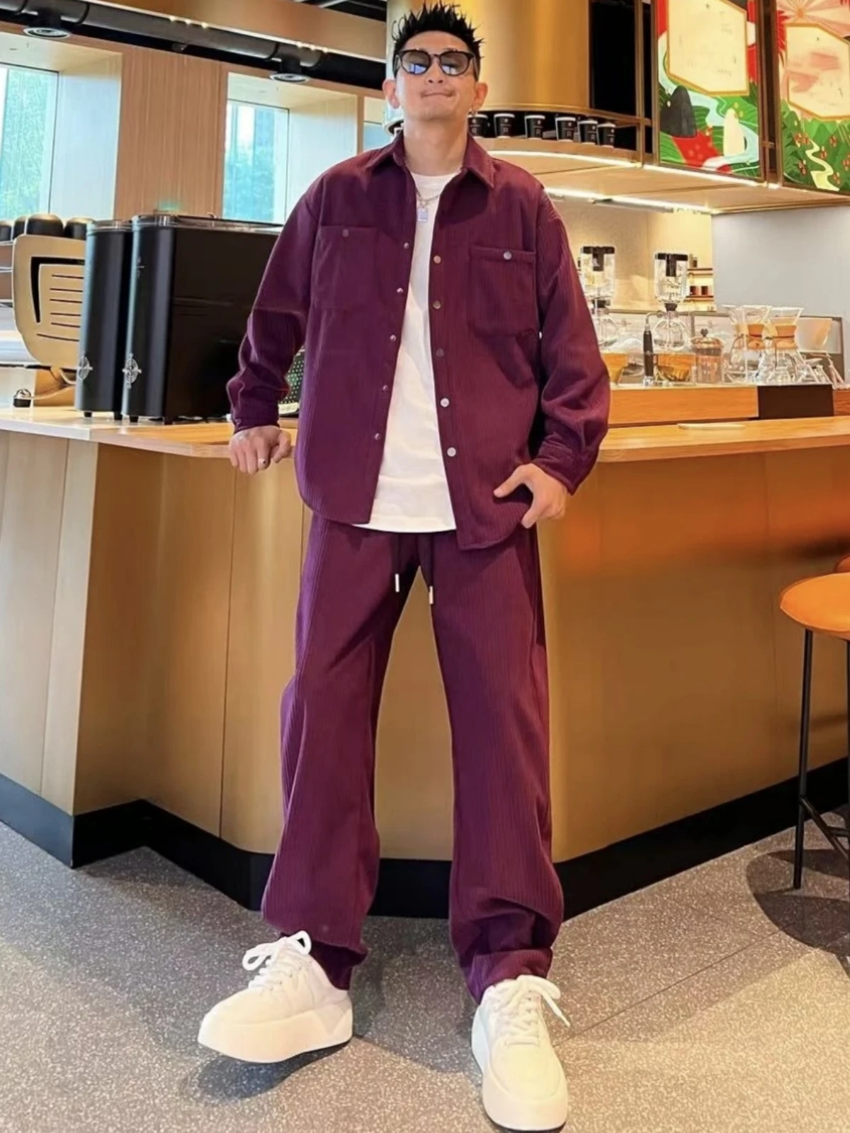 

Spring New Fashionable Casual Striped Design Men's Women's Shirt Jacket Loose Pants Two-Piece Set Comfortable Cotton Blend