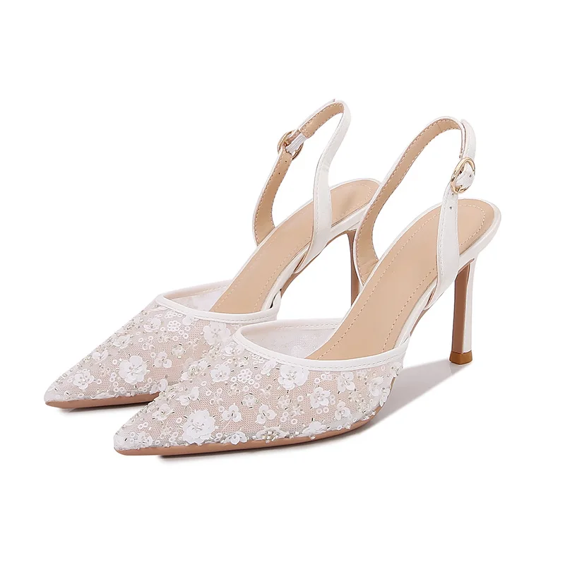 2025 Summer Lace Floral Wedding Shoes Women Back Strap High Heel Bridesmaid Sandals for Women French Party Heels Sandalias Mujer view 6
