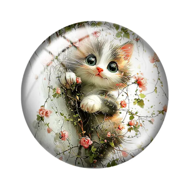 คาโบชองแก้วทรงกลมลายแมวน้อยน่ารักสไตล์สีน้ำ สำหรับงานประดิษฐ์ 10 ชิ้น ขนาด 12 มม./18 มม./20 มม./25 มม. ด้านหลังแบน