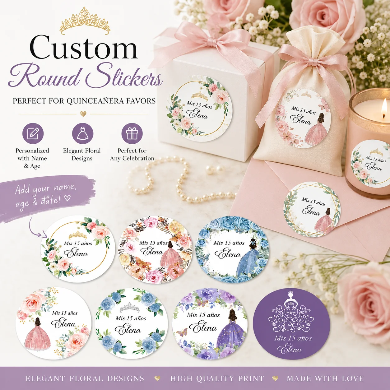 Custom Girl Birthday/Adult Celebration stickers, Gift Tags with Crown and Rose Patterns, DIY Age and Text, Romantic Party Decor