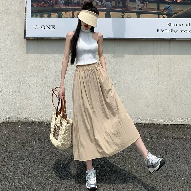 Summer Women\'s High Waist Yamamoto Skirt Casual Fashion Solid Colour Retro Pleated Long Skirts Streetwear