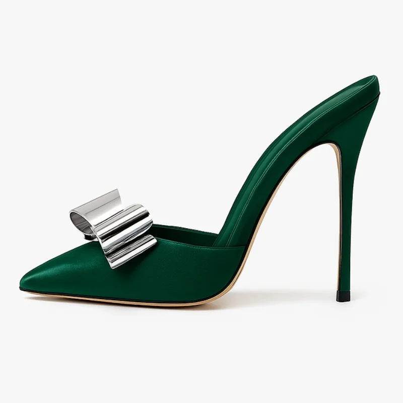 

Arden Furtado Summer bowknot Satin Mixed Colors Stilettos heels Mules Pointed toe Pull-on Super high heel Dinner shoes