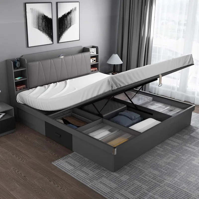 Cama de almacenamiento, juegos modernos de madera, muebles de dormitorio con elevación hidráulica, cama con estructura tamaño Queen King, con cajones de almacenamiento