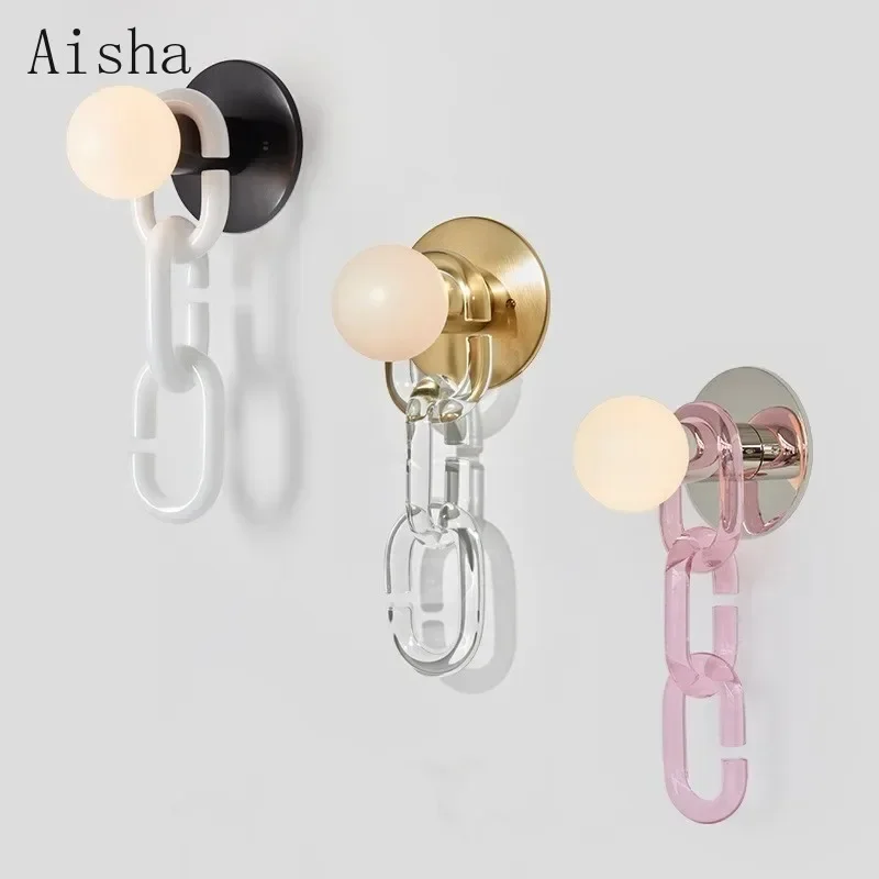 

Nordic minimalist glass ball wall lamp bedroom headboard lock chain wall sconces for home designer living room lighting fixture