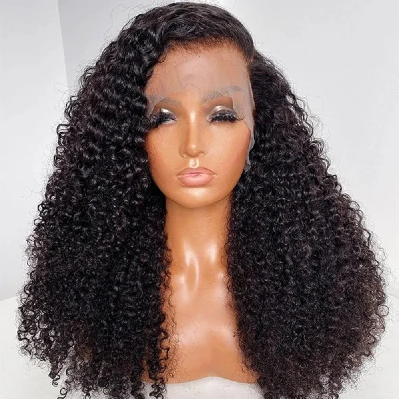 Peluca rizada de encaje frontal para mujer, pelo de bebé largo, 180de densidad, 26 ", suave, Natural, negro, predesplumado, resistente al calor, sin pegamento, diario