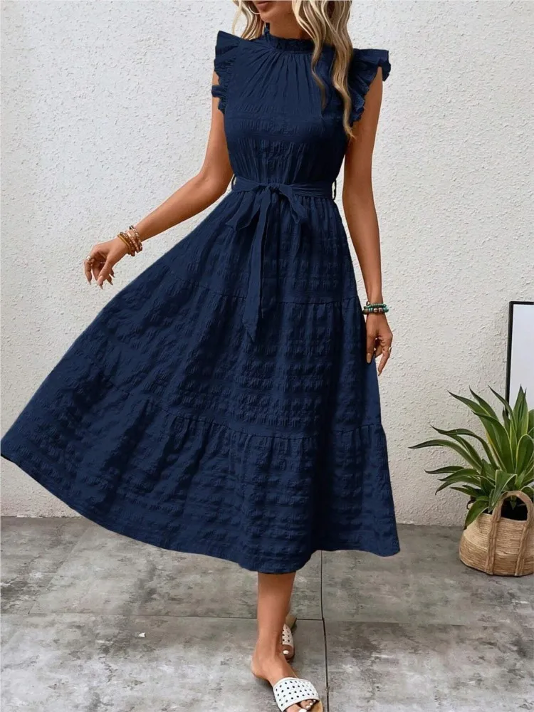 Summer Women's Simple Casual Solid Color Sleeveless Dress Fashion Wooden Ear Flying Sleeves Lace-up Texture High-waisted Dresses