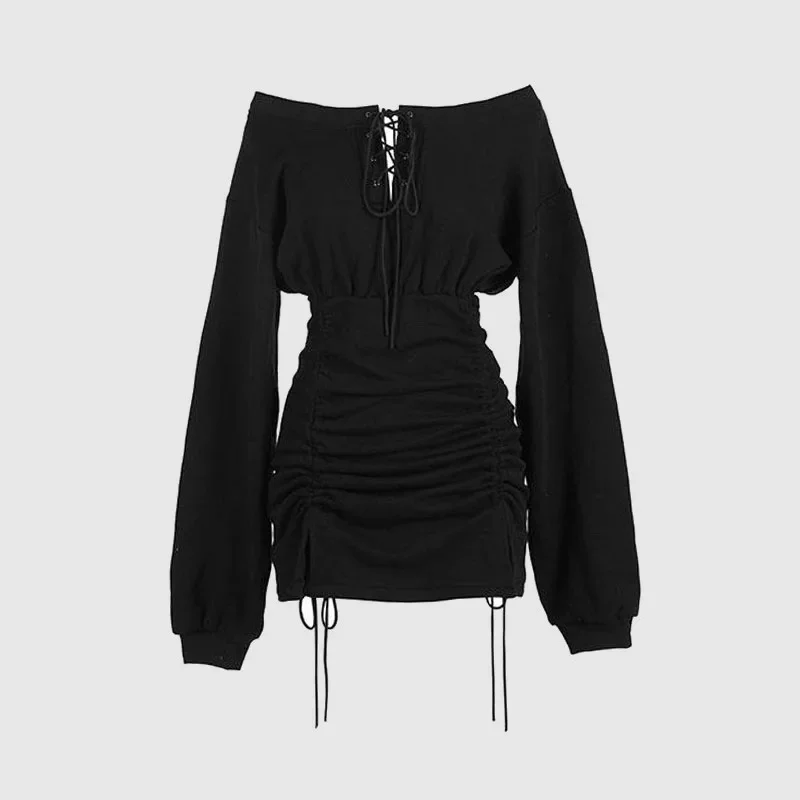 

Off Shoulder Pleated Sheath Dress Japan Korean Fashion Goth Dress Spring Summer Sexy Bandage Grunge Dresses Y2k Bodycon Vestidos