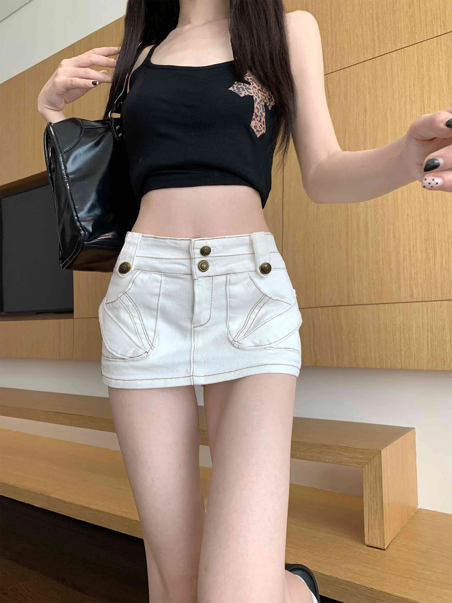 Women's White A-Line Denim Skirt Y2K Gyaru Vintage Mini Skirts Korean Style Casual High Waist Cowboy Skirt for Women Summer 202