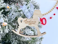 My First Christmas 2024, Personalised Babys First Christmas Ornament,Engraved Rocking Horse Ornament, New Baby Gift Tag