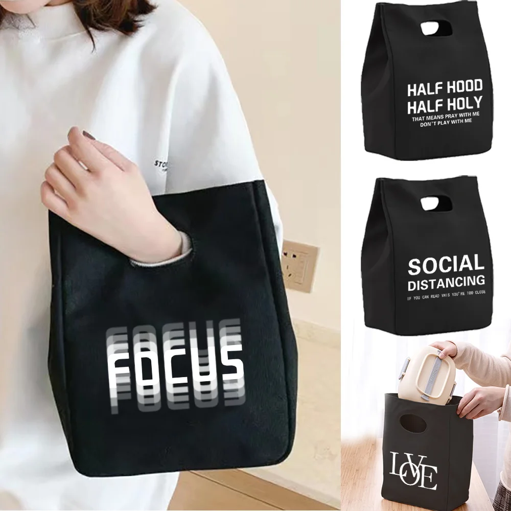 Thermal Lunch Bag Text Letter Large Capacity Canvas Students Go To Work with Meals Thick Aluminum Foil Portable Insulated Box