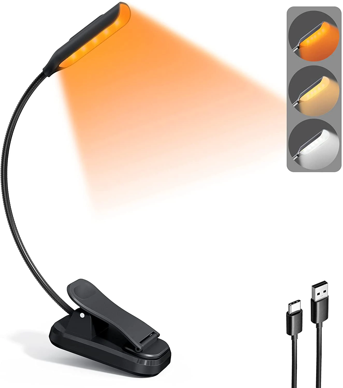 

Lightweight Rechargeable 9 LED Amber Book Light 3 Color for Reading in Bed Eye-Care Clip-on Reading Light up to 80 Hours