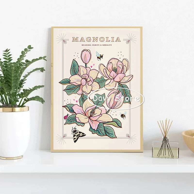 Flowers Meaning Illustration Posters Prints Magnolia Dahlia Cosmos Canvas Painting Wall Art Picture for Living Room Home Decor