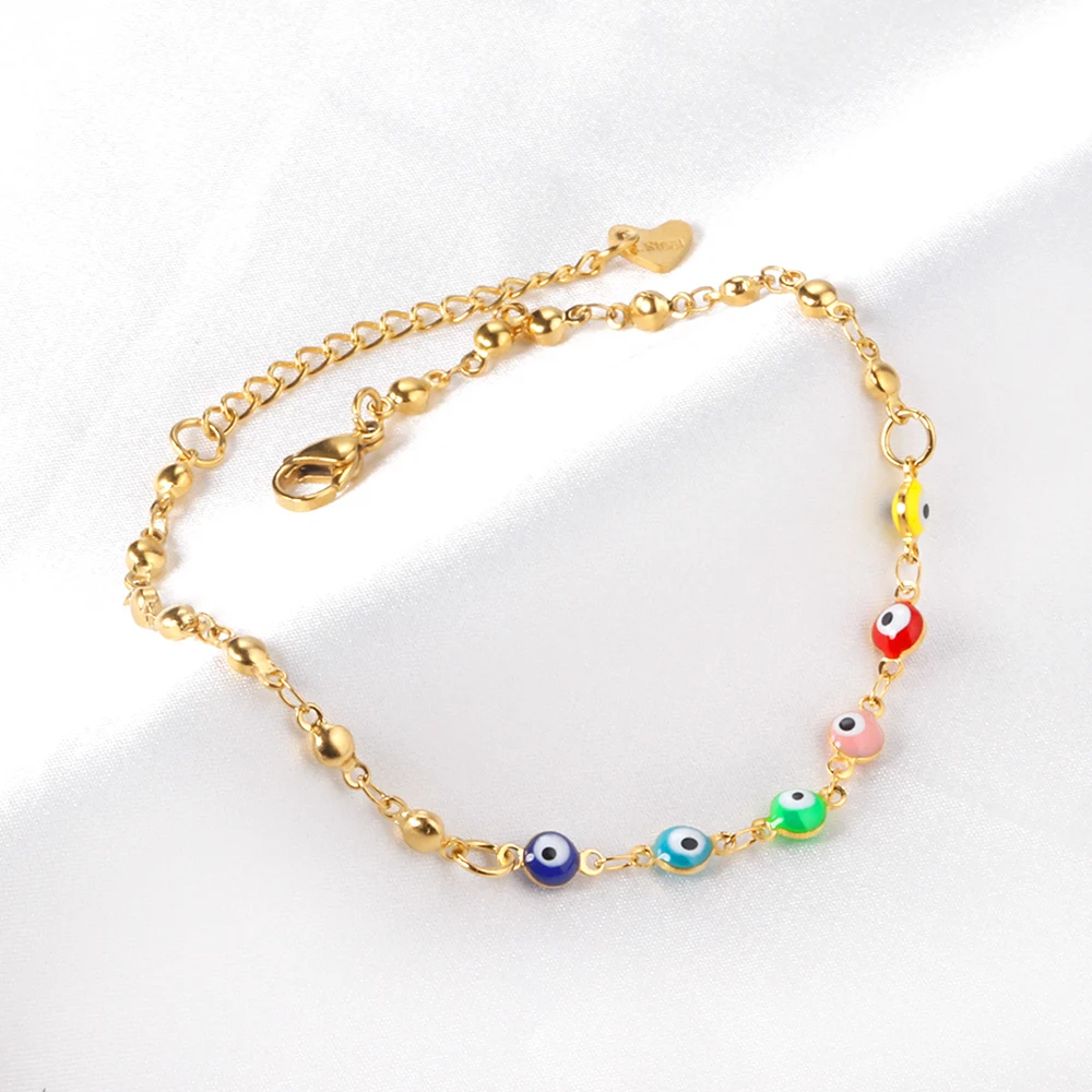 Boho Gold Color Enamel Round Evil Eye Anklet, Summer Gift