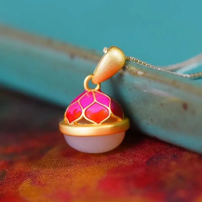 Designer original enamel porcelain natural Hetian jade geometric hollow small bells cute and beautiful ladies necklace pendant