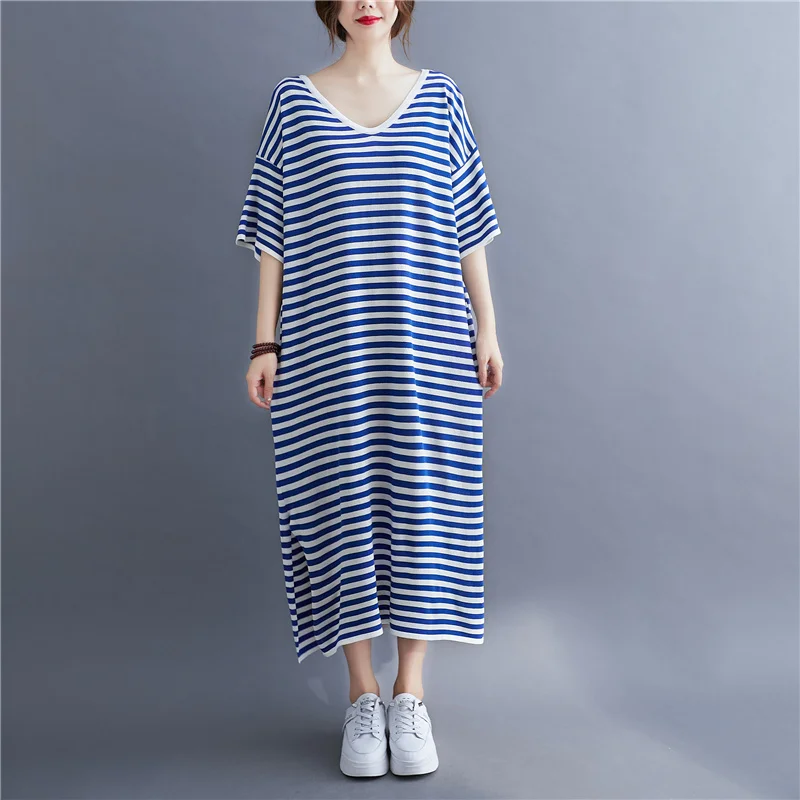 #3349 Blue Striped Knitted Dress Women V-neck Elastic T Shirt Dress Short Sleeve Sexy Loose Split Long T-shirt Dresses Summer