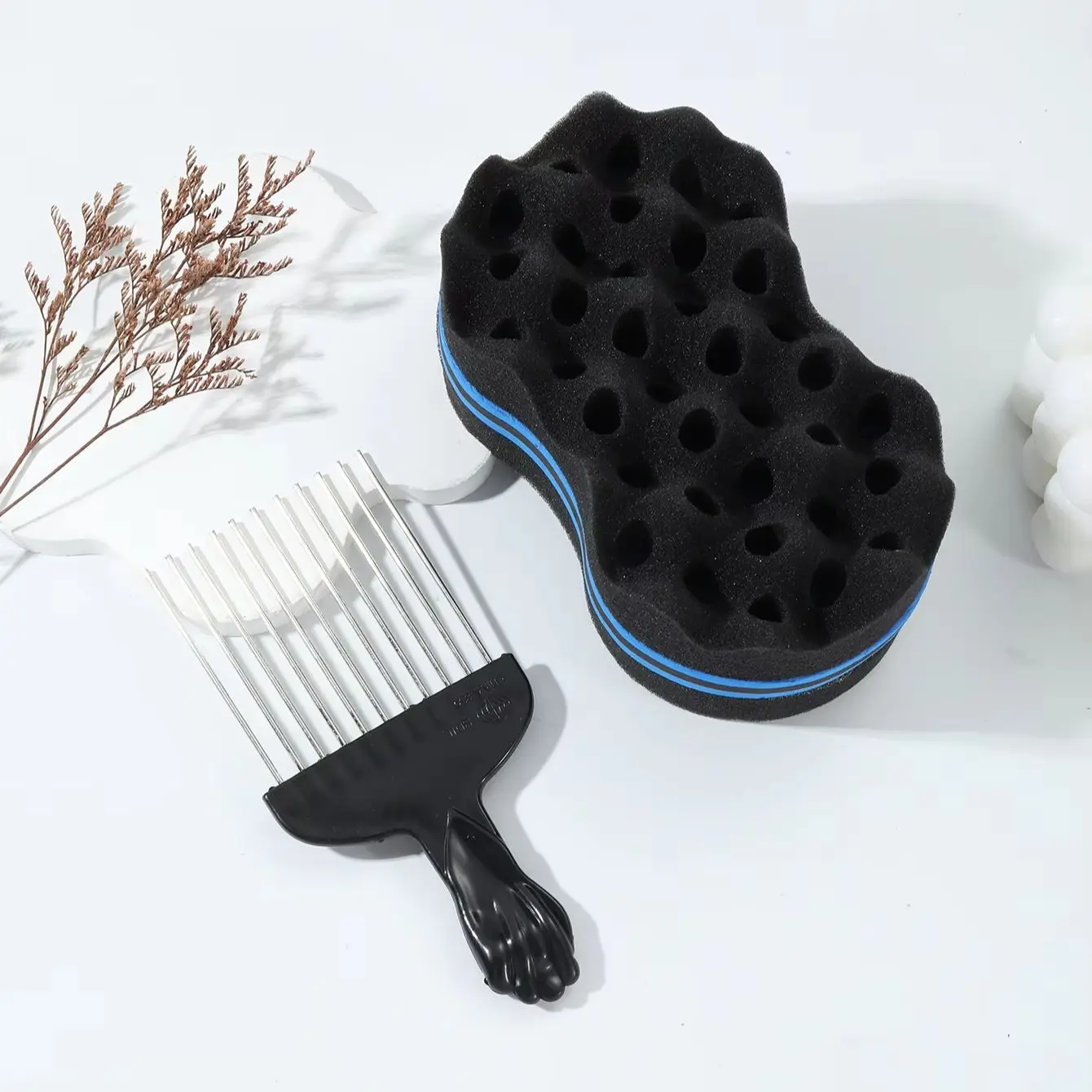 2pcs Afro Hair Styling Set, Curl Sponge & Pick Comb Tool