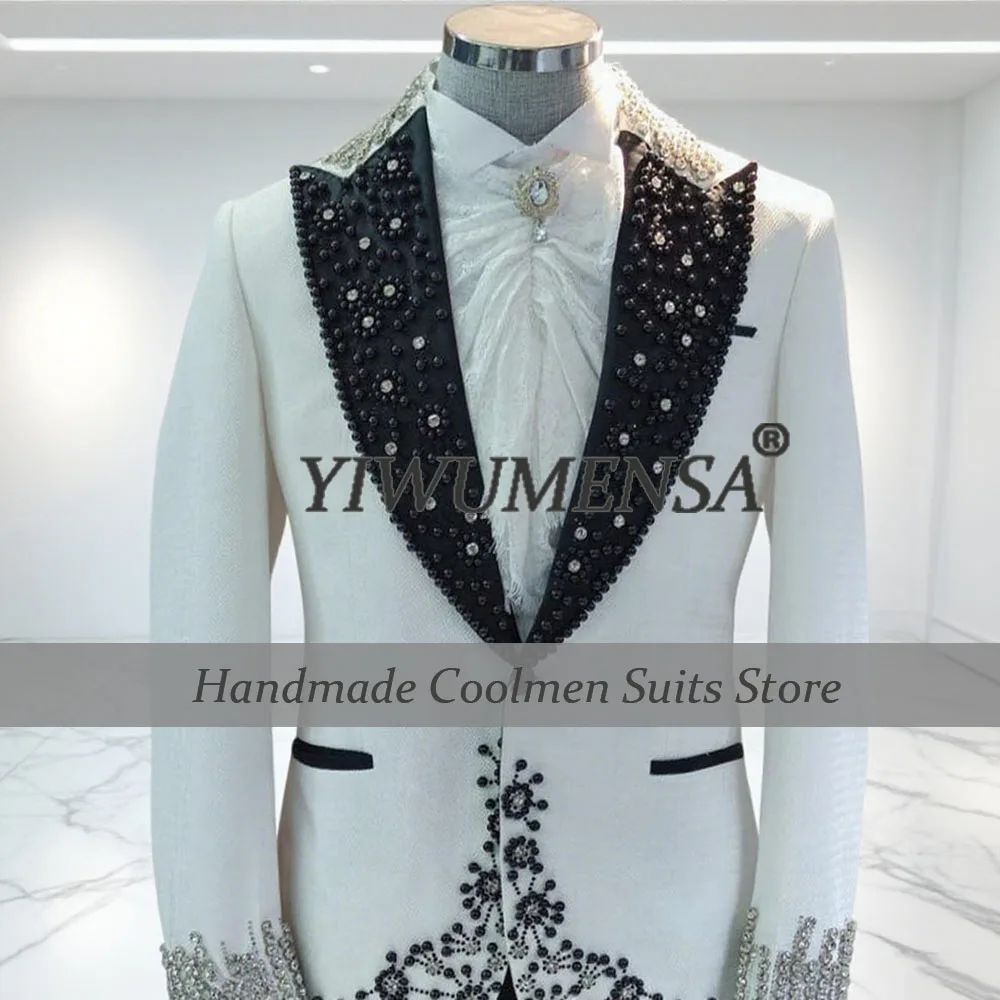 

Unique Design Wedding Suits For Men 2 Pieces Pearls Beaded Label Prom Blazers Customized Groom Formal Party Tuxedo Costume Homme