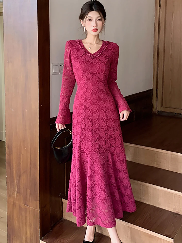 الخريف الشتاء الأبيض الدانتيل هوك زهرة الجوف فستان طويل المرأة كم طويل Bodycon تكدرت فستان 2025 الكورية فستان سهرة فاخر #6