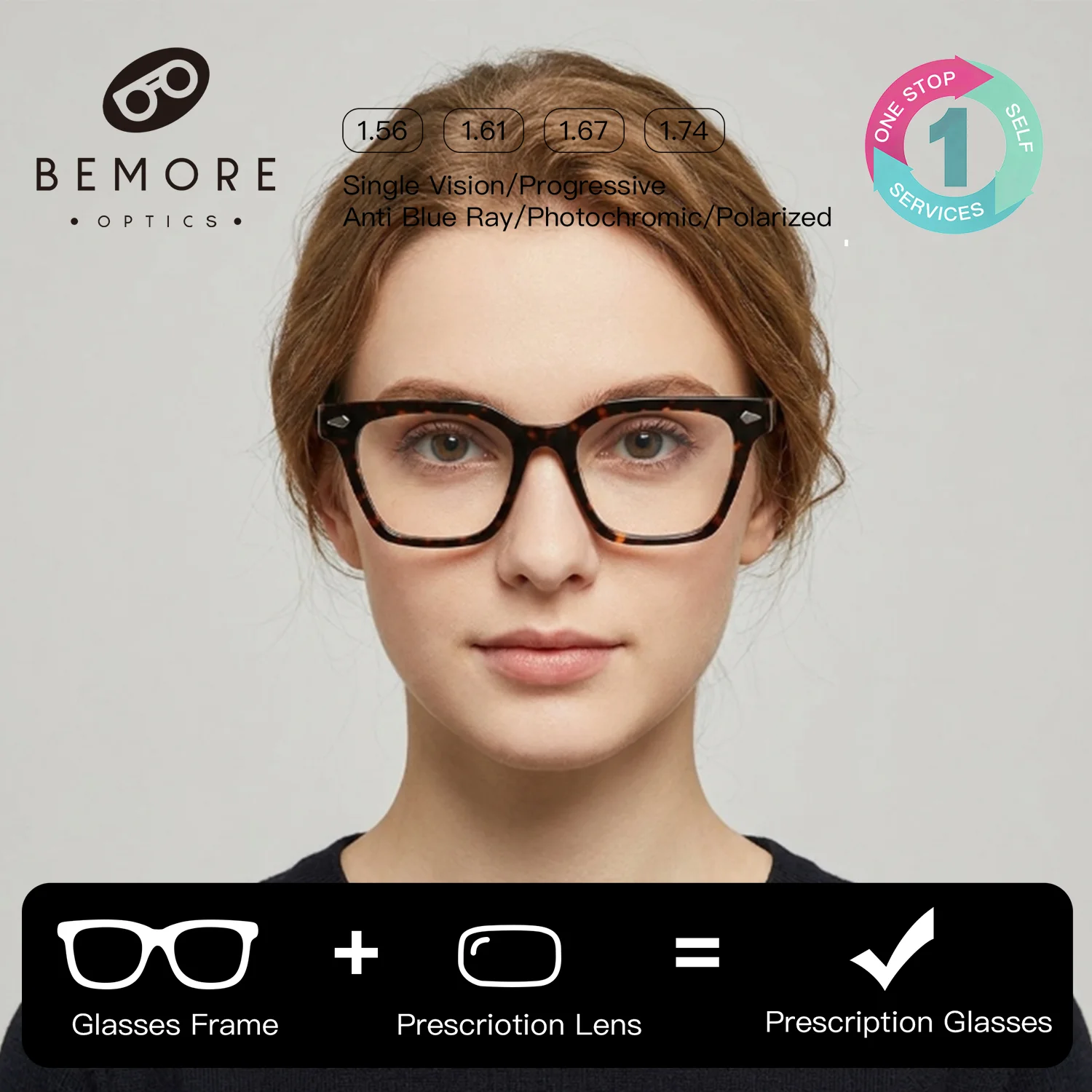 

BEMORE Classic Square Clip on Sunglasses Handmade Acetate Progressive Multifocal Blue Light Filter Prescription Eyewear