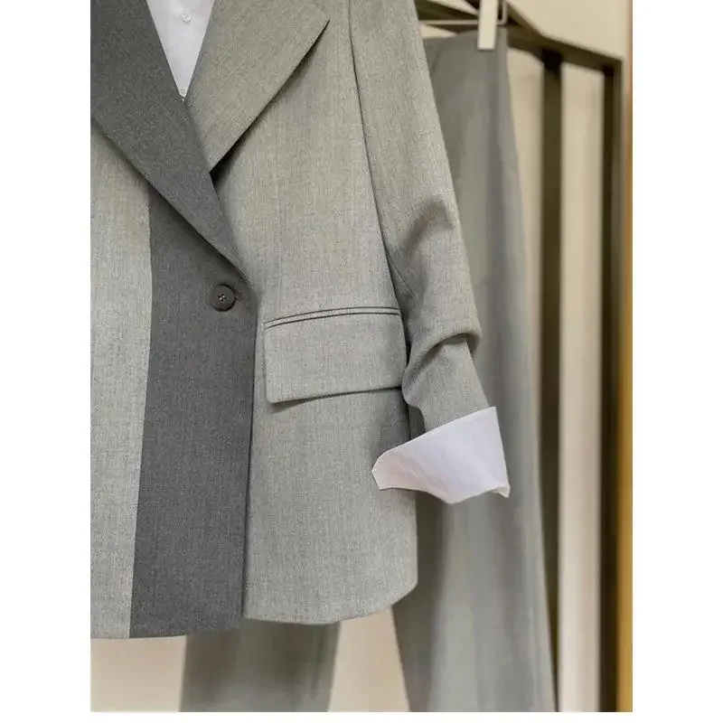 Luxury Profession Wear Pants Sets Blazers Suits Women Suits Coats Outfits Cropped Trousers Splicing Grey Office Ladies Clothing