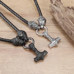 Vintage Black Thor Hammer Necklace for Men Wolf Head Jewelry Friend Gift