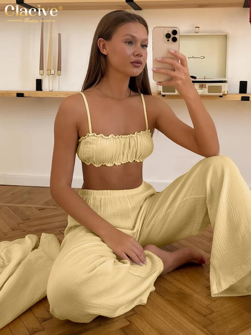 Clacive Sexy Loose Yellow Cotton Women 3-Piece Set Fashion Long Sleeve Shirt + Tank Top With High Waist Wide Pants Set Female