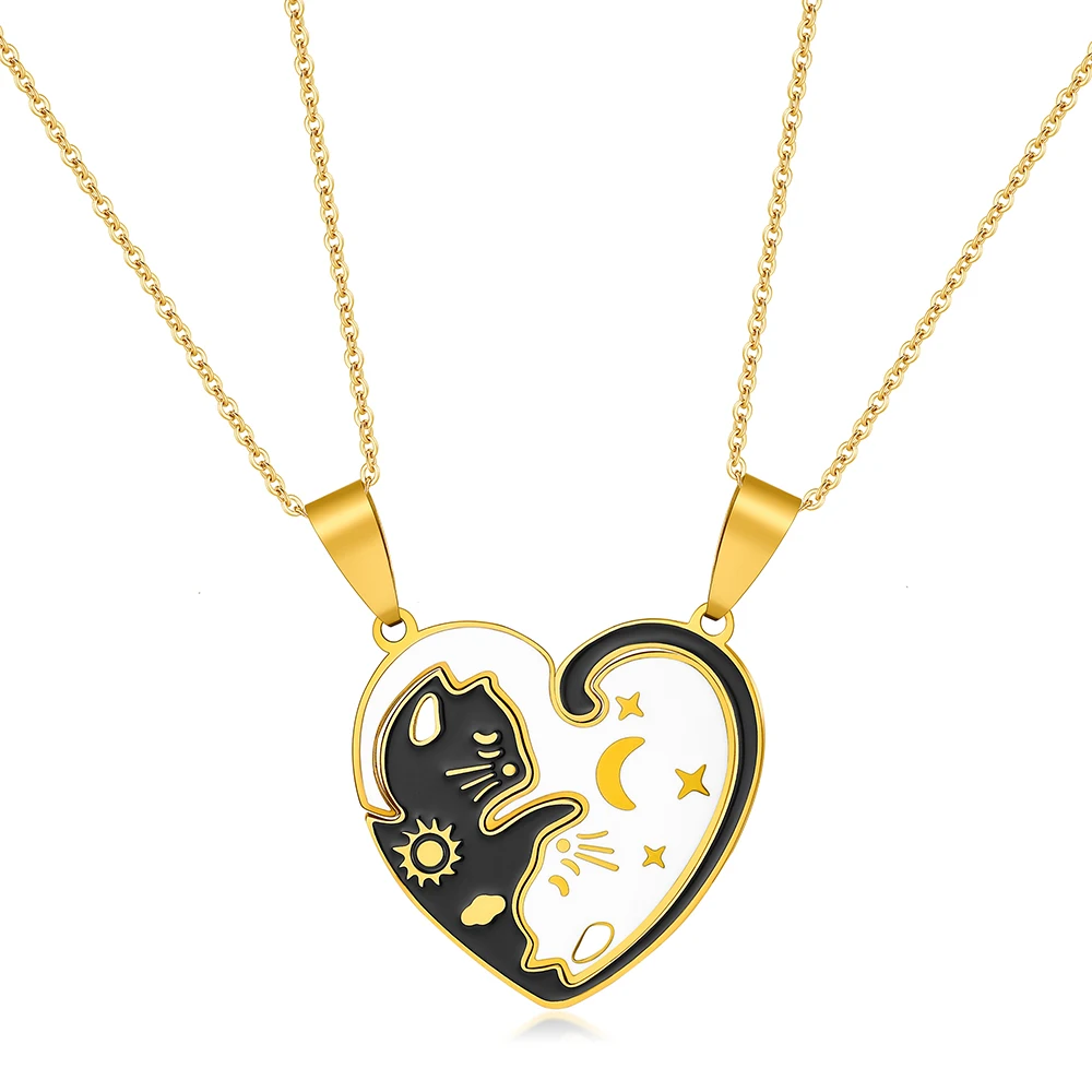 Creative Splicing Black And White Cat Couple Necklace Collarbone Chain Valentine's Day Gift Pendant Fashion Jewelry Gift