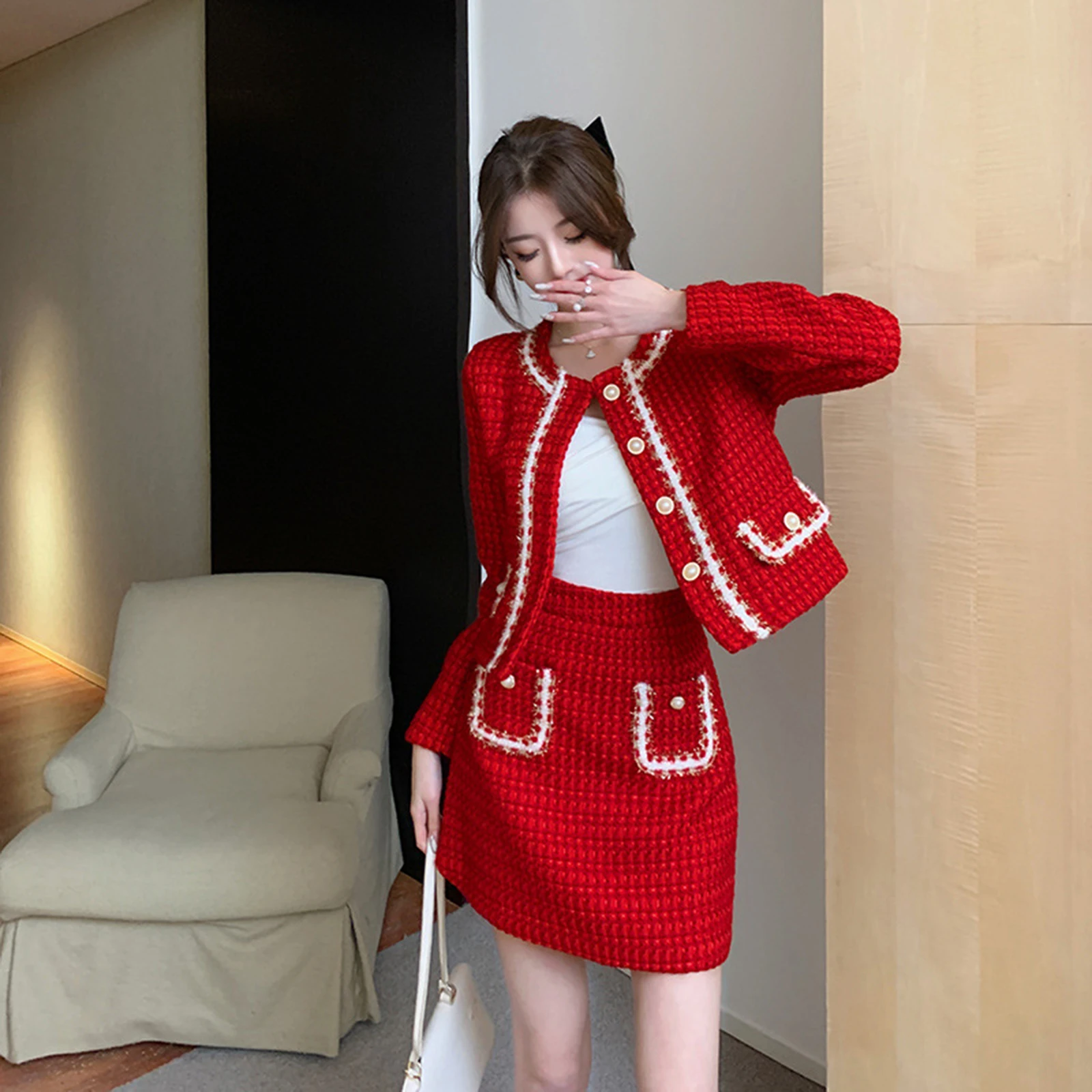 Small Fragrance Wind tweed Two Piece Set Women’s Red Temperament Outfit Cropped Coat+Mini Skirt Slim Fitting Elegant Suit Spring