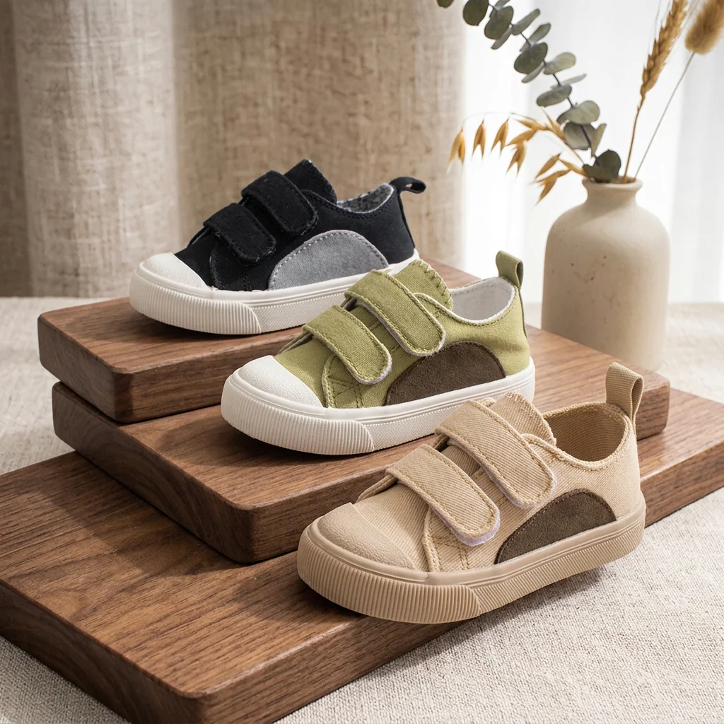 2025 Spring Autumn Color Block Stylish Minimalist Kids Canvas Soft Sole Safety Toe Boys Street Casual Durable Versatile Athletic