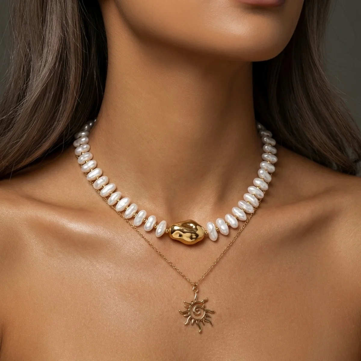 Baroque Irregular Imitation Pearl Sun Pendant Stackable Necklace For Women Men Elegant Sunflower Clavicle Chain Choker Jewelry
