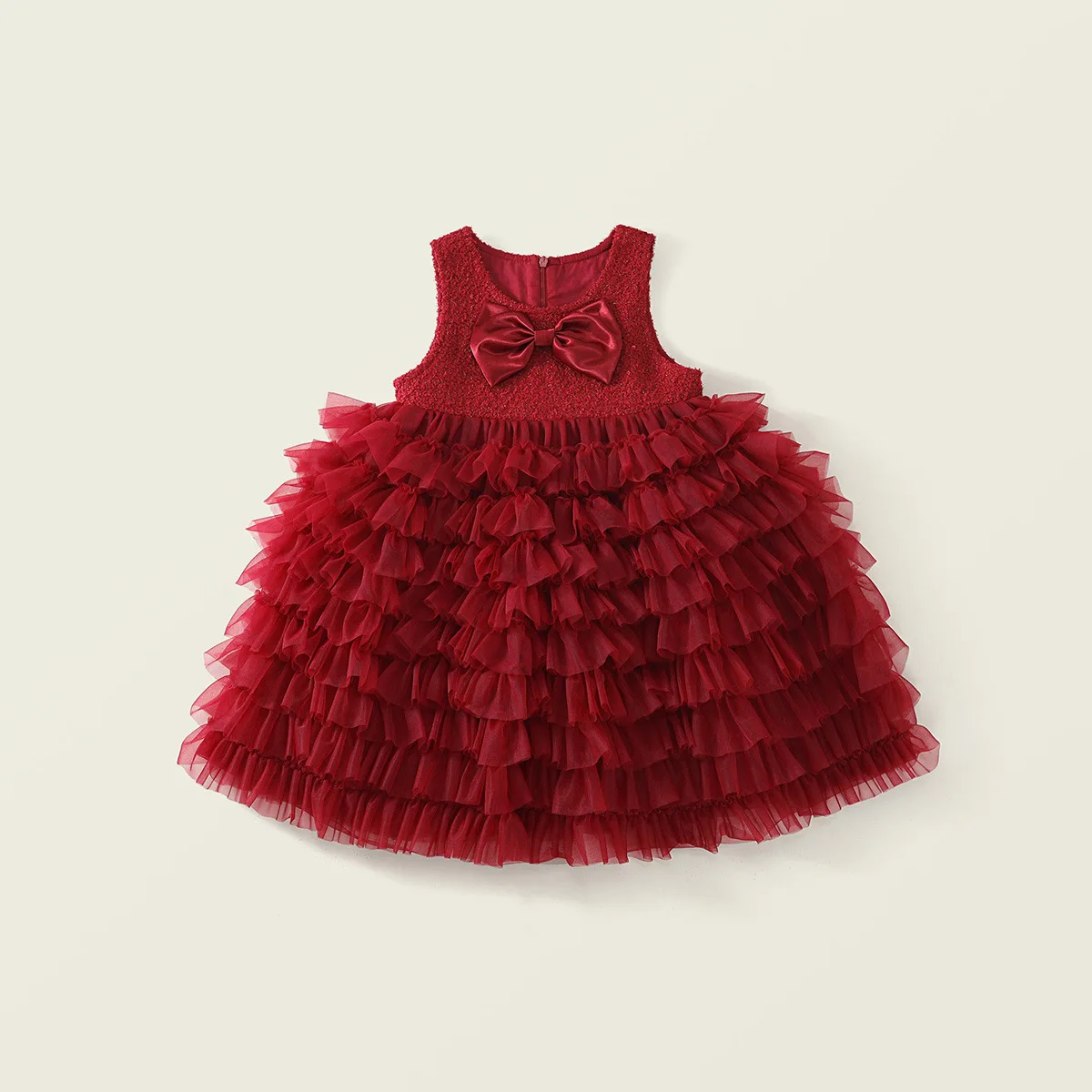 Girl's Red Mesh Dress Autumn Sweet Christmas, New Year, Party, Birthday Butterfly Knot Sleeveless Tank Top Dress for Baby Girls