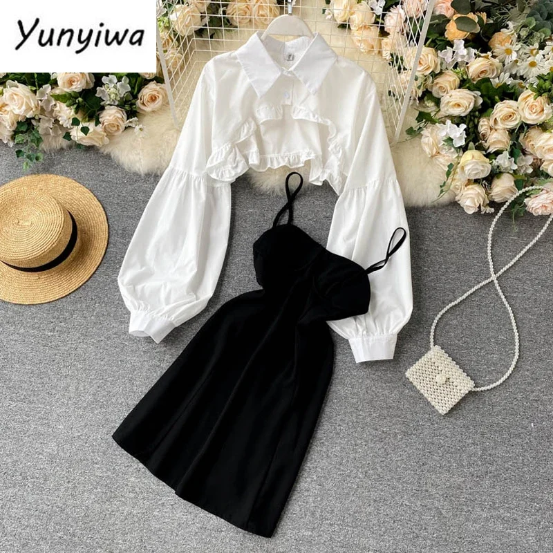 Autumn Women Sexy Black Spaghetti Strap Dress and White Long Sleeve Blouses Crop Tops Korean Fashion Mini Vestidos