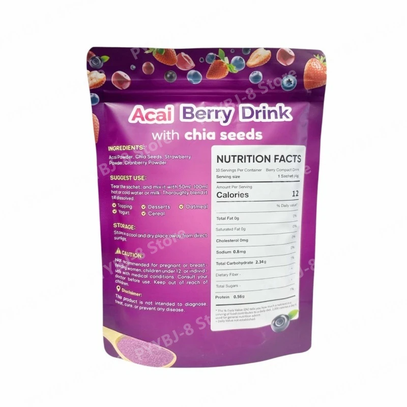 Acai Berry Drink Powder 10 Packs with Chia Seeds 7 Berry Blend Antioxidant Beauty Digestive Immune Wellness Support