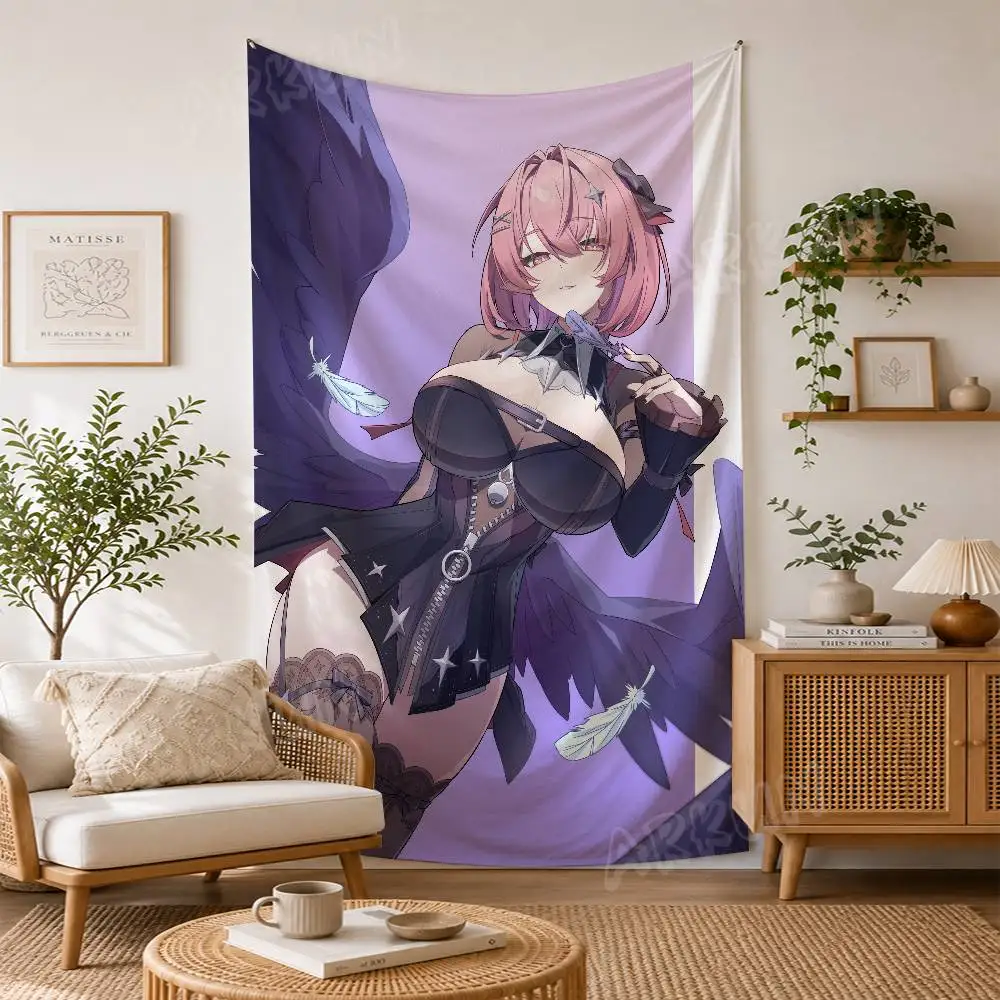 Hot Girl Remielle Dan Game ZZZ Tapestry, Dark Purple Long Hair Girl Wall Hanging, Pink Tone Cartoon Print for Bedroom Wall Decor