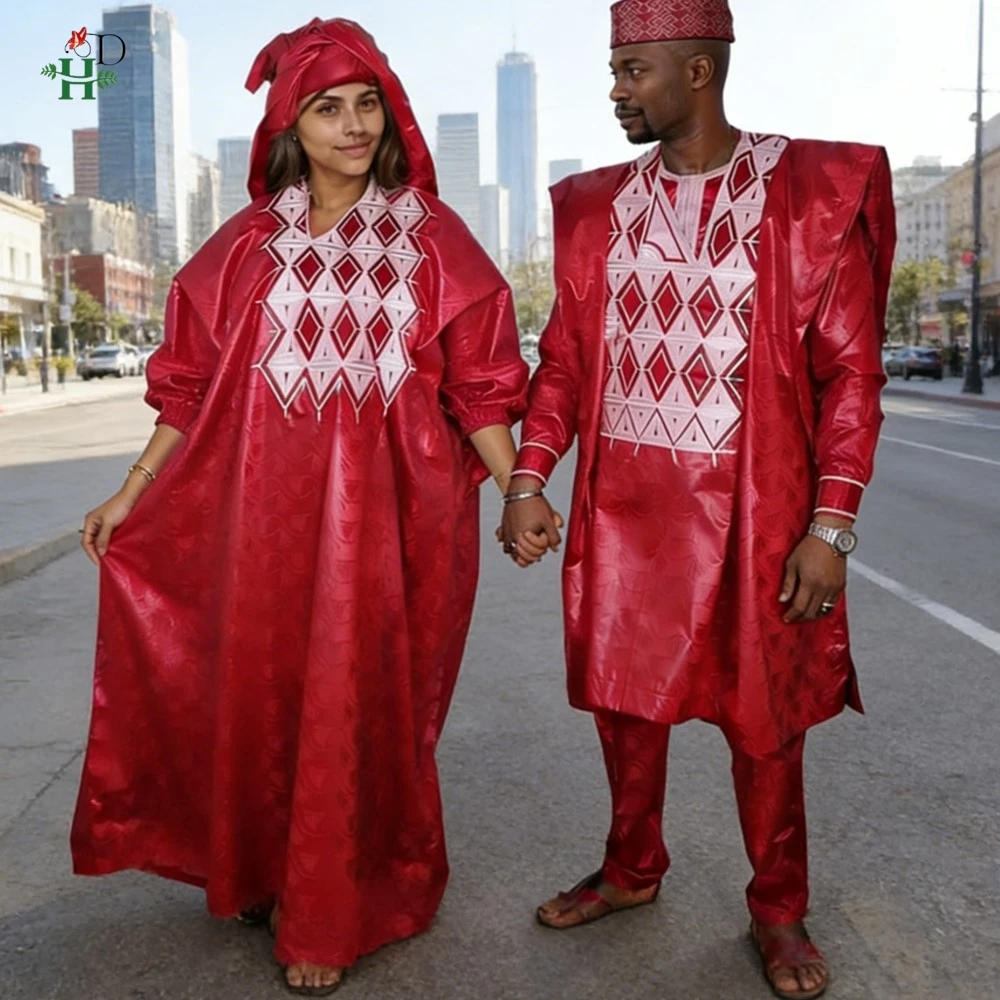 

Парные африканские платья 2026 года для мужчин и женщин, традиционные комплекты Агбада из 3 предметов, вышитые костюмы Базин Рише для свадебных торжеств, Бубу