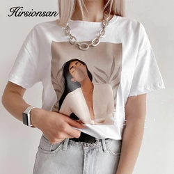 Hirsionsan T Shirt Women 2023 New Summer Githic Print Chic Tees 100% Cotton Vintage Jumper Clothes Oversized Casual Pullover Top