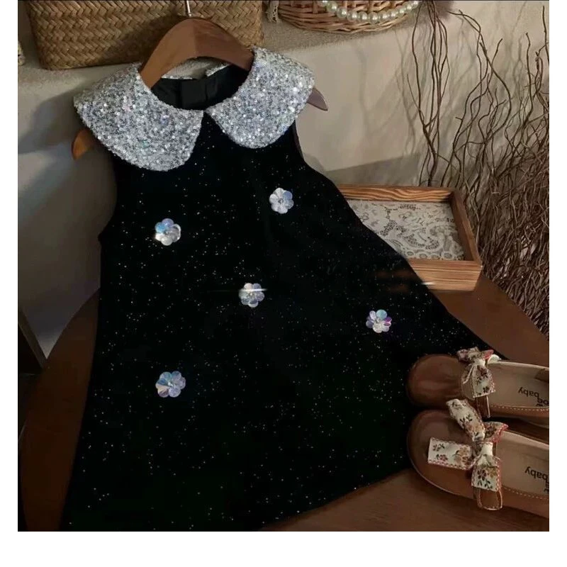 

Kids Fashion Summer Party Dress Black Sequin Ruffle SleevePrincess Costume Tulle Evening Party Clothes for Baby Girls 2-8 Years