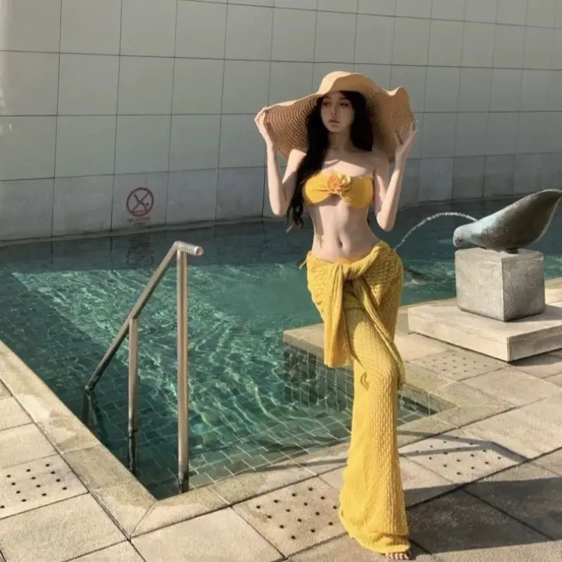 2025 ใหม่ดอกไม้ขิง Strapless ชุดว่ายน้ําแยกผู้หญิงบิกินี่กระโปรงยาว COVER UP Island วันหยุดชุดสามชิ้น