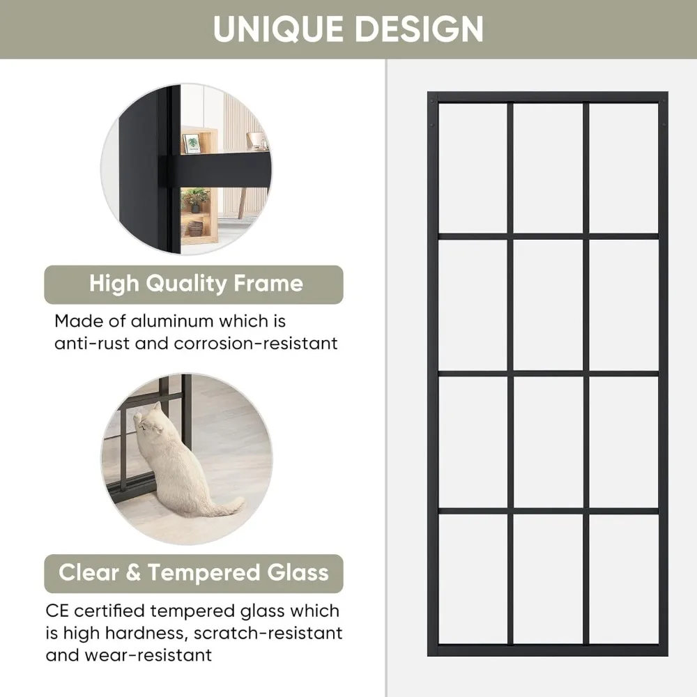 Double Glass Barn Door, with 6.6FT Side-Mounted Hardware Kit, (Fit Max Opening 64"),2 Sets of 36x84 in Black Frame Barn Door