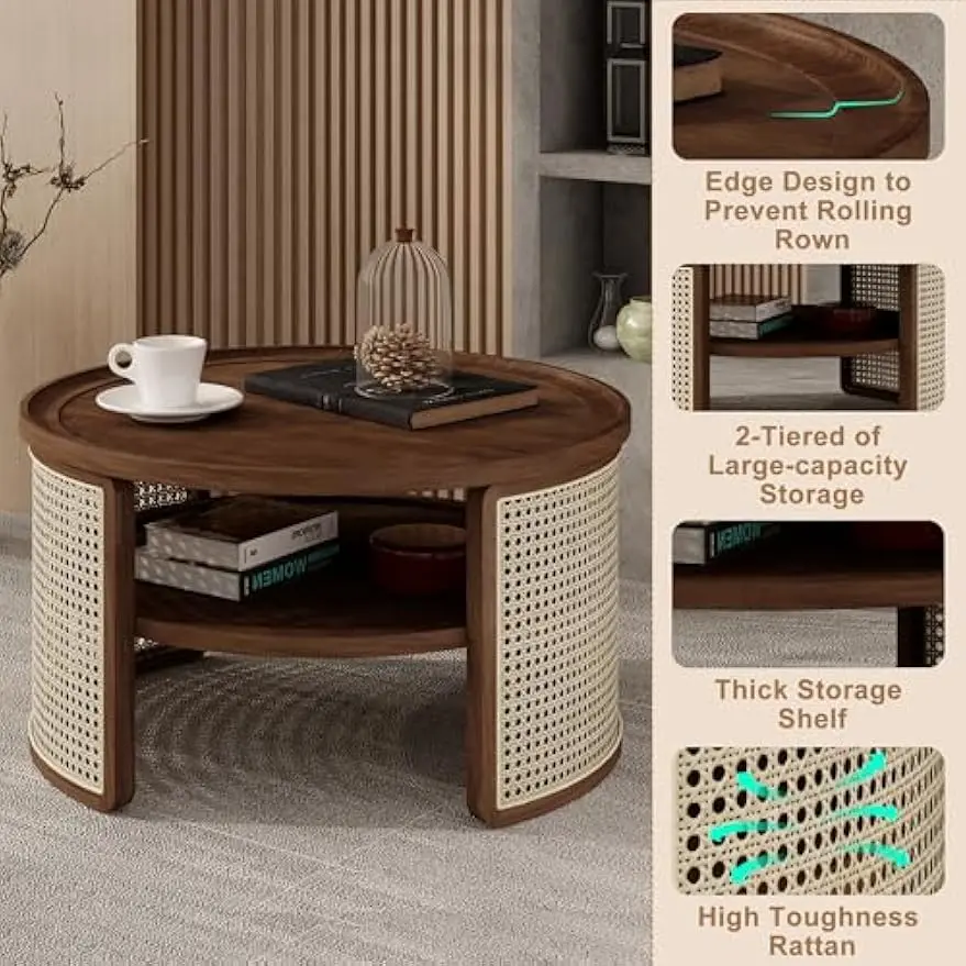 31.3'' 2-Tiered Round Walnut Wood Coffee Table, with Storage Rattan Base for Living Room Small Space Apartment