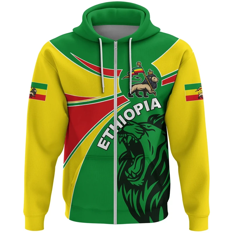 Ethiopia Flag Graphic Men Women Zipper Hoodies Africa Country 3D Print Ethiopian National Emblem Pullovers Street Tops Clothing