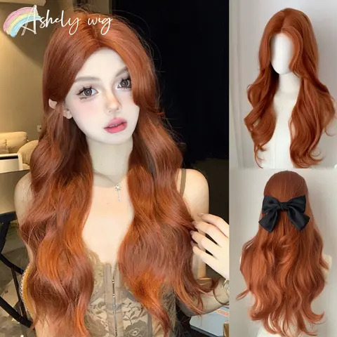 Ashely 오렌지 가발 24 인치 긴 물결 모양의 머리 가발 여성용 머리띠 가발 자연 로리타 고온 섬유 합성 가발