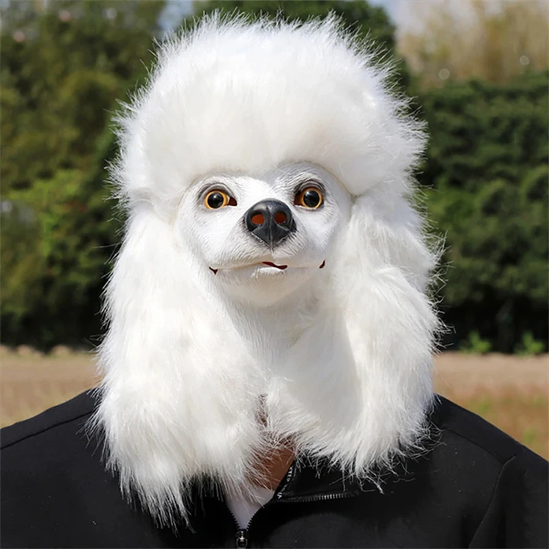 

OPWhite Poodle Head Mask Furry Pet Dog Headgear Adult Realistic Animal Latex Halloween Cosplay Props Party 8f5d][