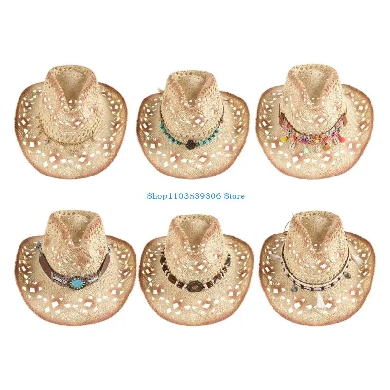 400A Crochet Paper Straw Cowboy Hats Wide Brimmed Summer Sun 6 Colors